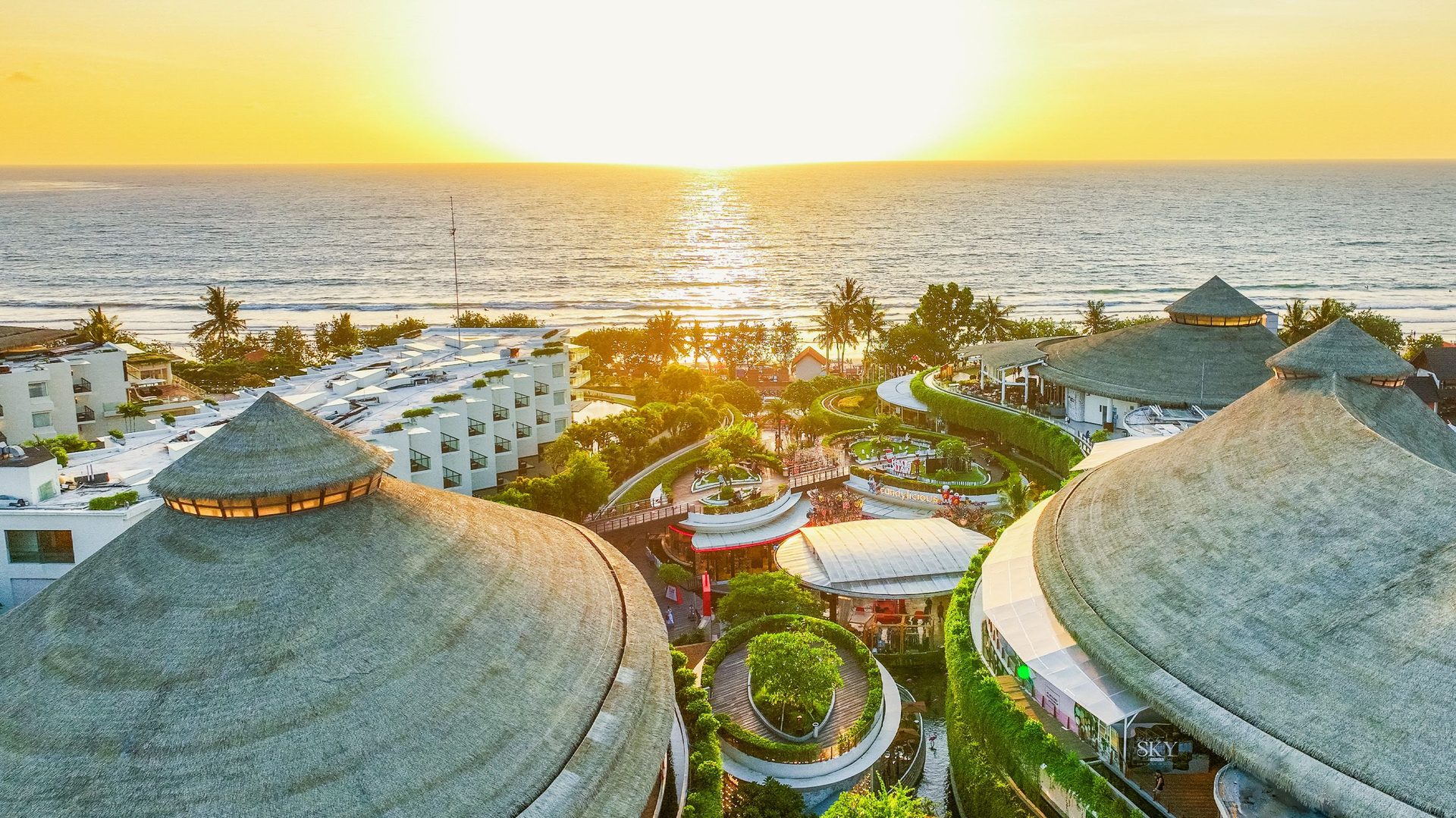 Beachwalk Shopping Center aerial at sunset, Kuta