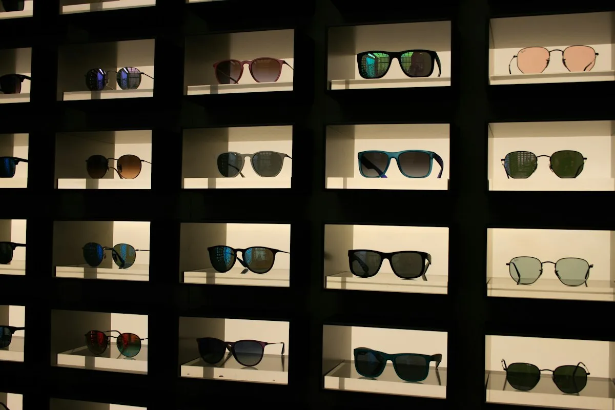 Display case of assorted sunglasses