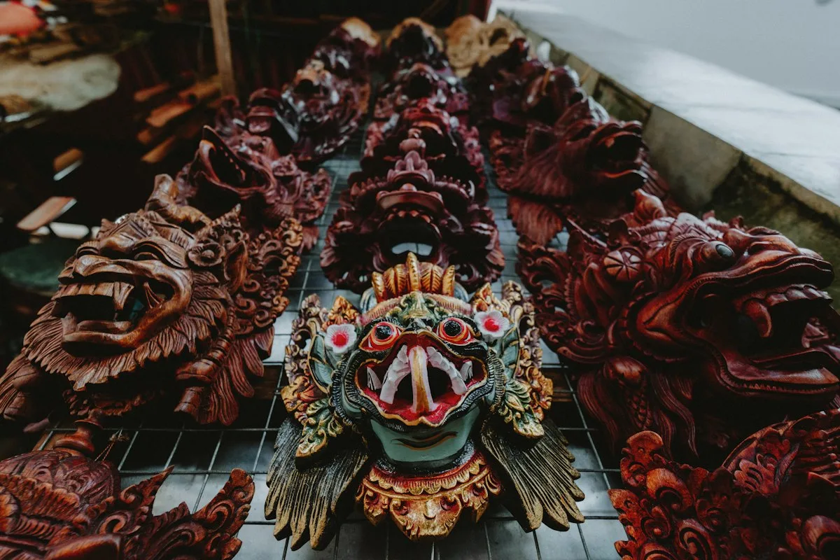 Hand-carved Balinese wooden mask carvings