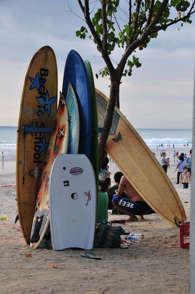 Rental surfboards on Legian Beach near the surf outlets